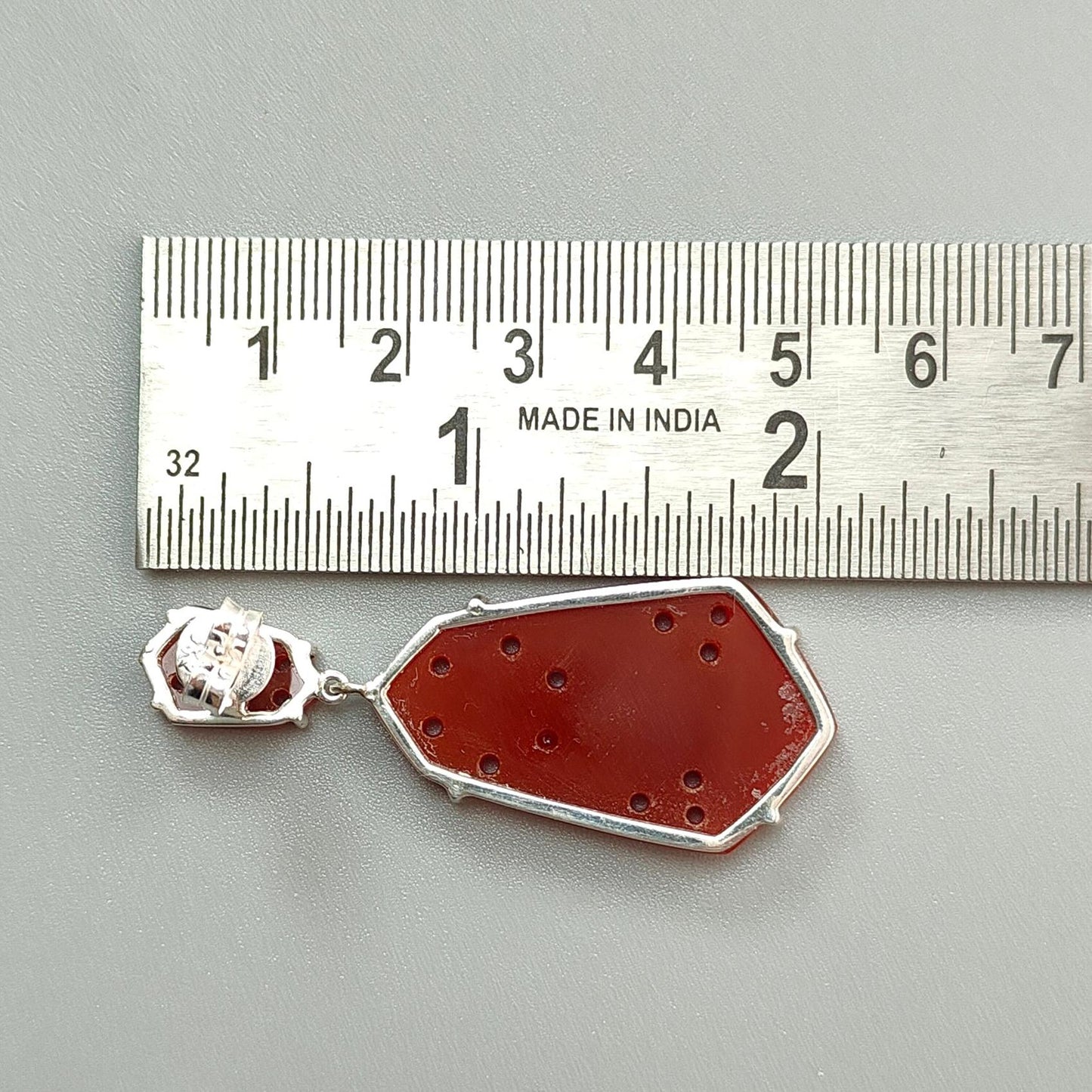 Orange Onyx Carving Silver Earring: 12.65gms Natural Onyx Hand Carved Fancy Shape 925 Sterling Silver Prong Set Push Back Stud Earring 2"