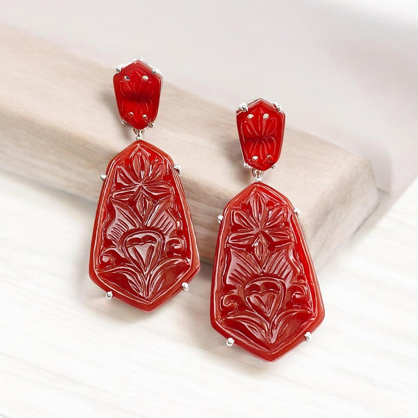 Orange Onyx Carving Silver Earring: 12.65gms Natural Onyx Hand Carved Fancy Shape 925 Sterling Silver Prong Set Push Back Stud Earring 2"