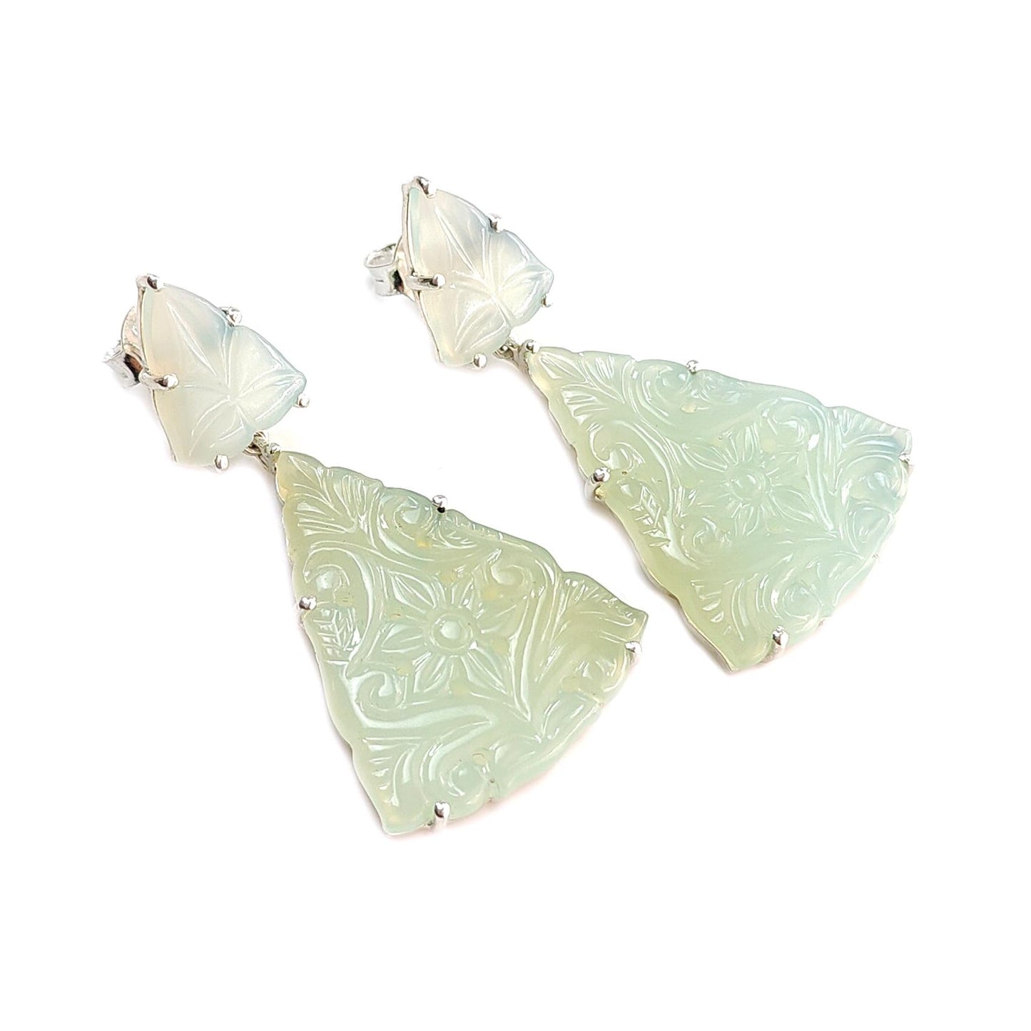 Green Onyx Carving Silver Earring: 13.00gms Natural Onyx Hand Carved Trillion Shape 925 Sterling Silver Prong Set Push Back Stud Earring 2"