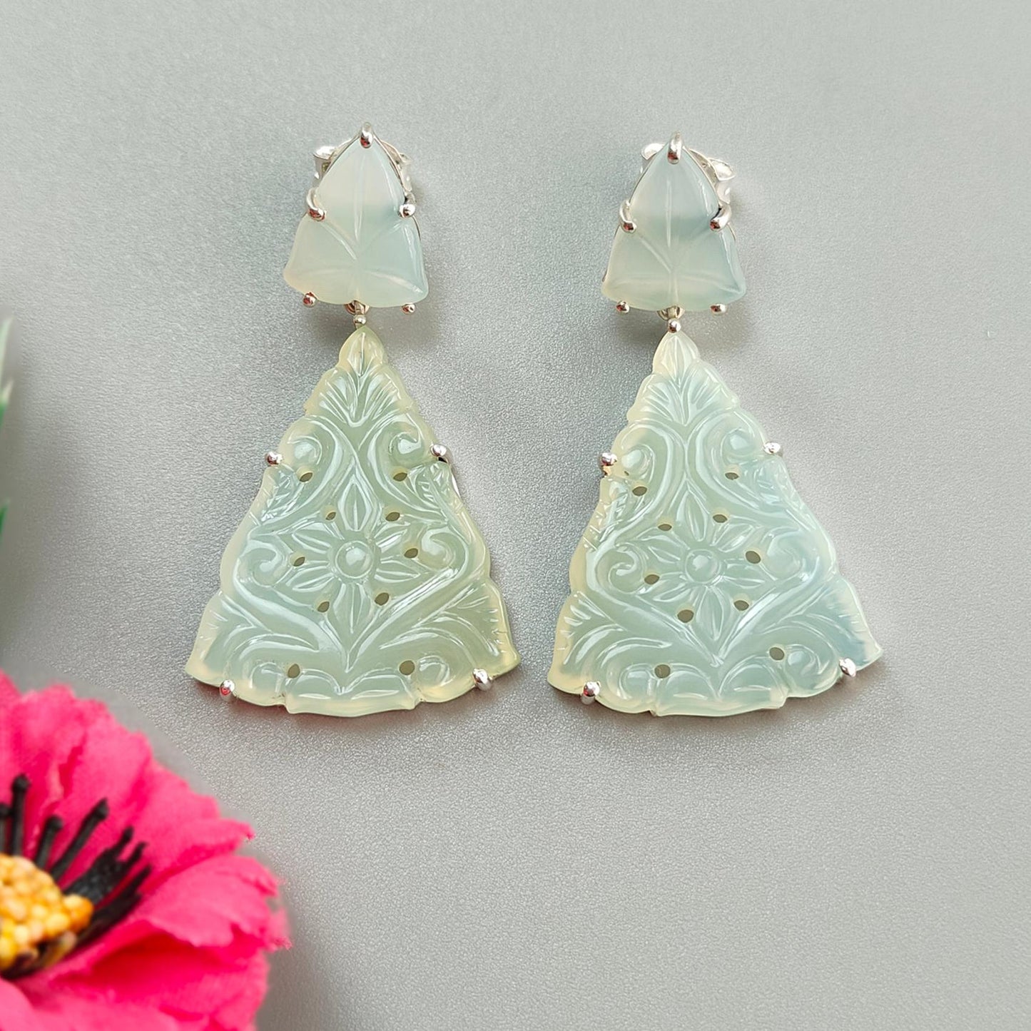 Green Onyx Carving Silver Earring: 13.00gms Natural Onyx Hand Carved Trillion Shape 925 Sterling Silver Prong Set Push Back Stud Earring 2"