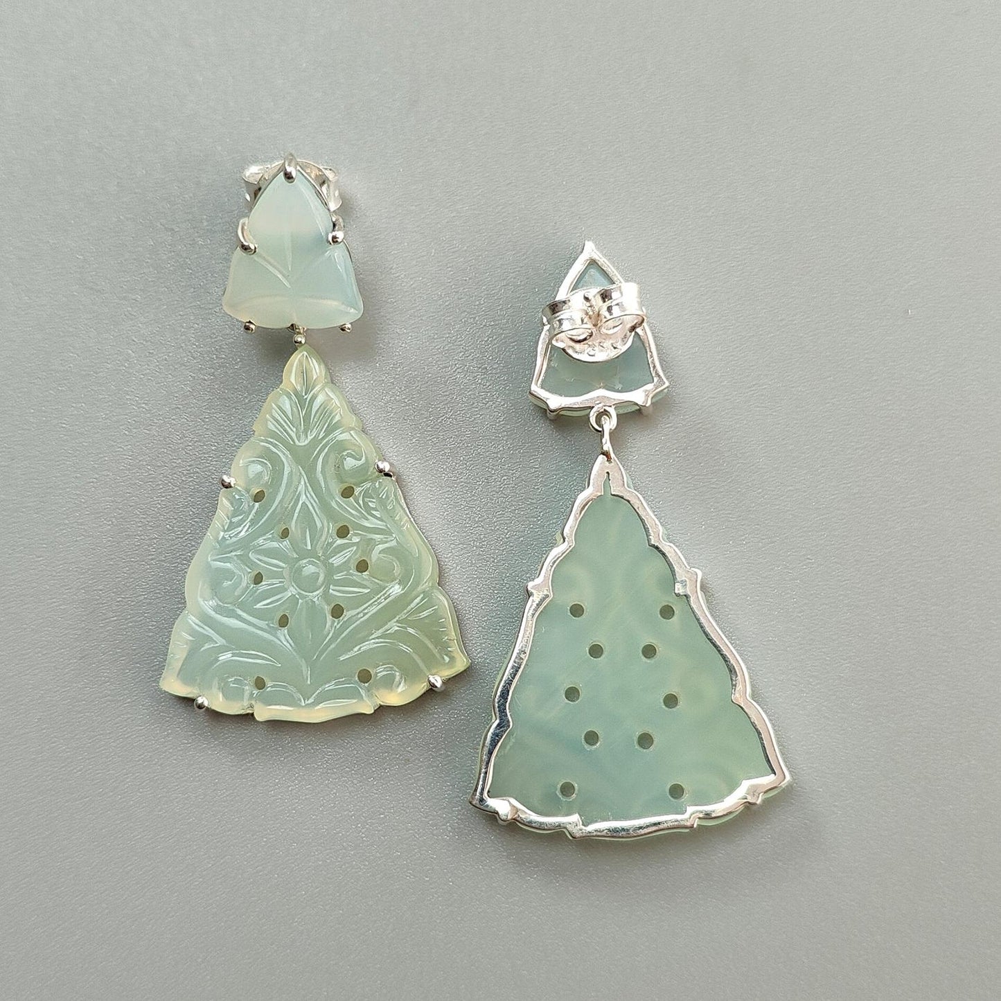 Green Onyx Carving Silver Earring: 13.00gms Natural Onyx Hand Carved Trillion Shape 925 Sterling Silver Prong Set Push Back Stud Earring 2"