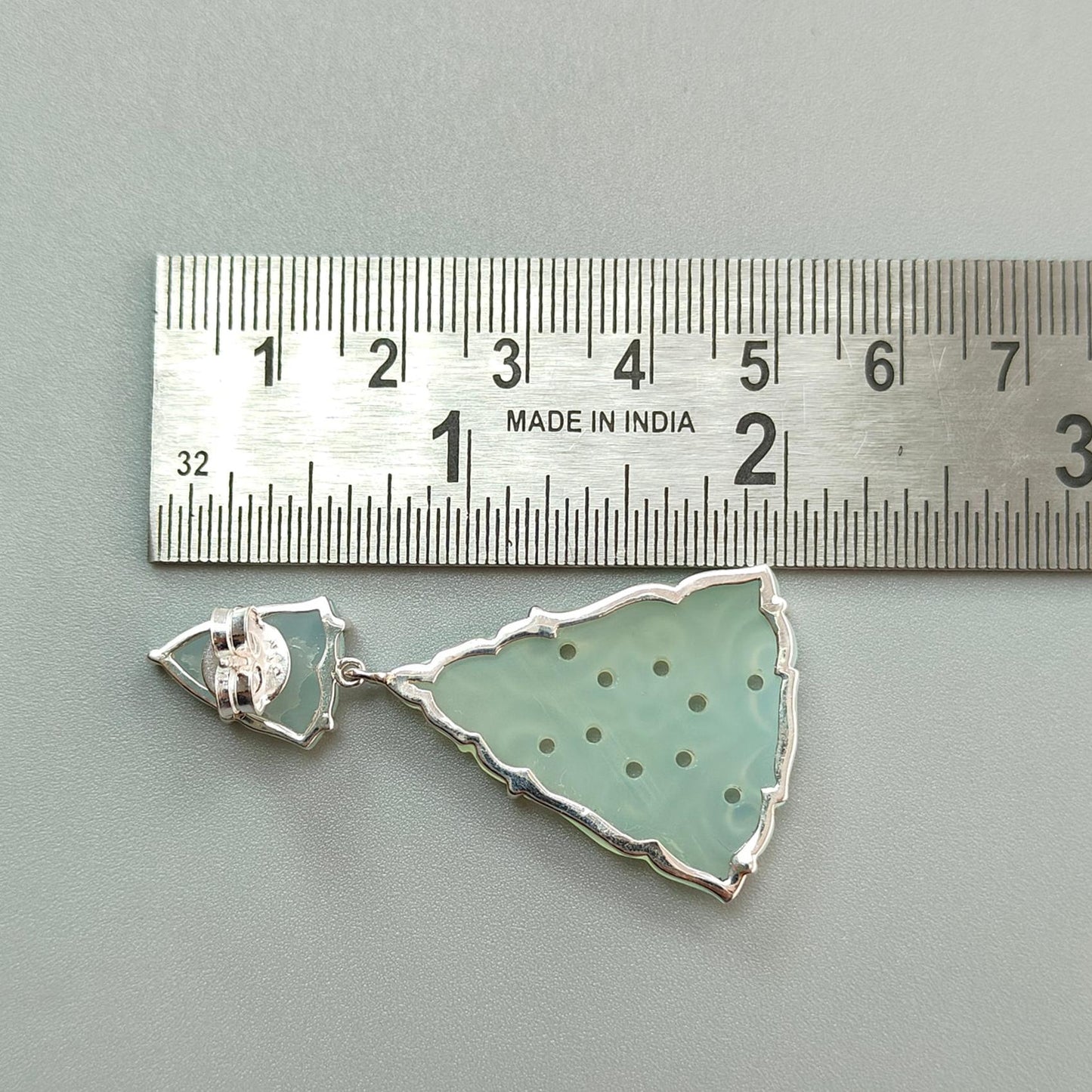 Green Onyx Carving Silver Earring: 13.00gms Natural Onyx Hand Carved Trillion Shape 925 Sterling Silver Prong Set Push Back Stud Earring 2"