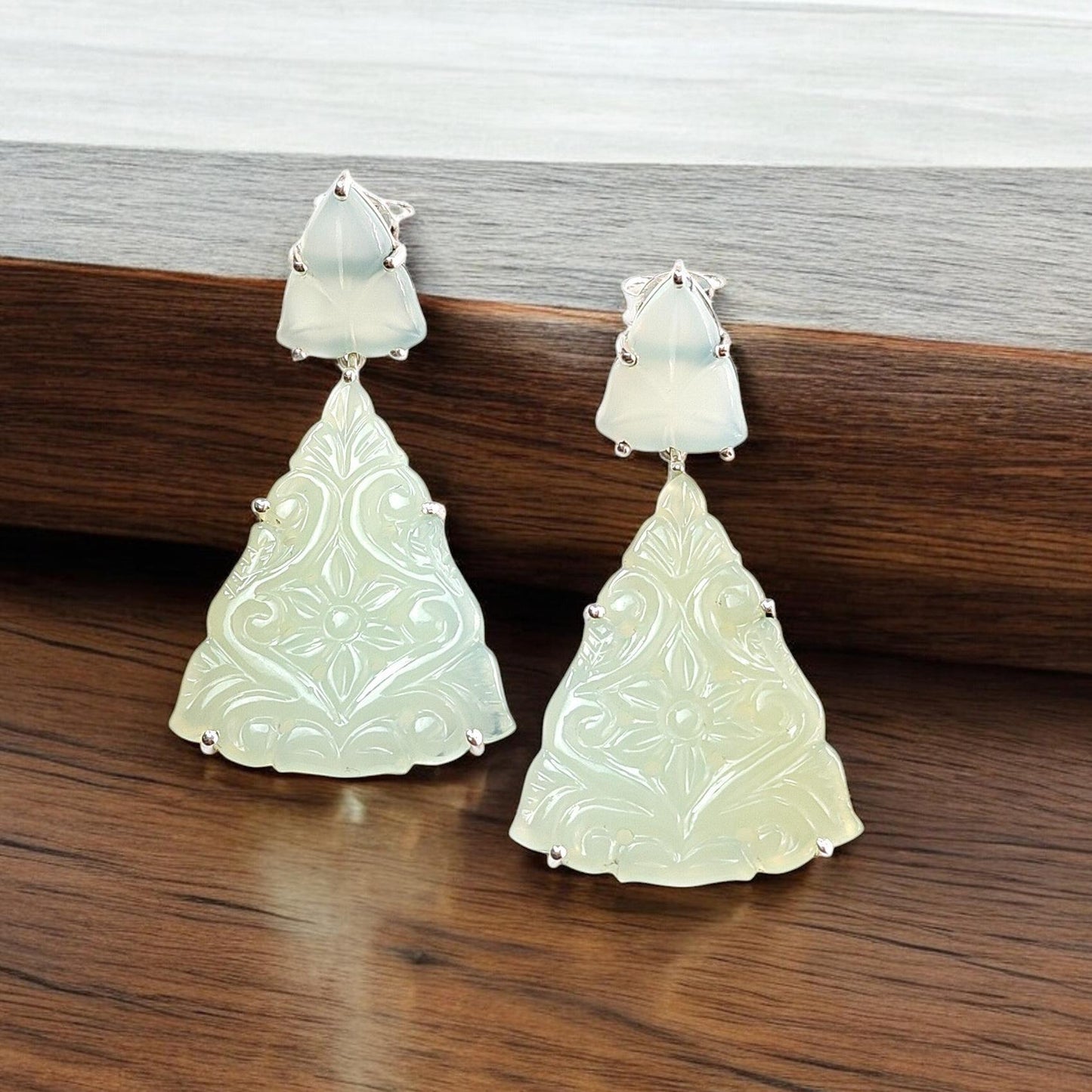 Green Onyx Carving Silver Earring: 13.00gms Natural Onyx Hand Carved Trillion Shape 925 Sterling Silver Prong Set Push Back Stud Earring 2"