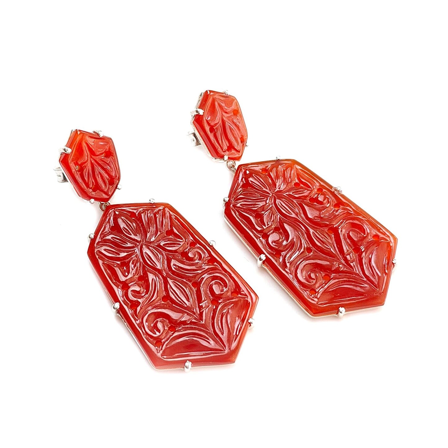 Orange Onyx Carving Silver Earring: 14.93gms Natural Onyx Hand Carved Fancy Shape 925 Sterling Silver Prong Set Push Back Stud Earring 2.30"