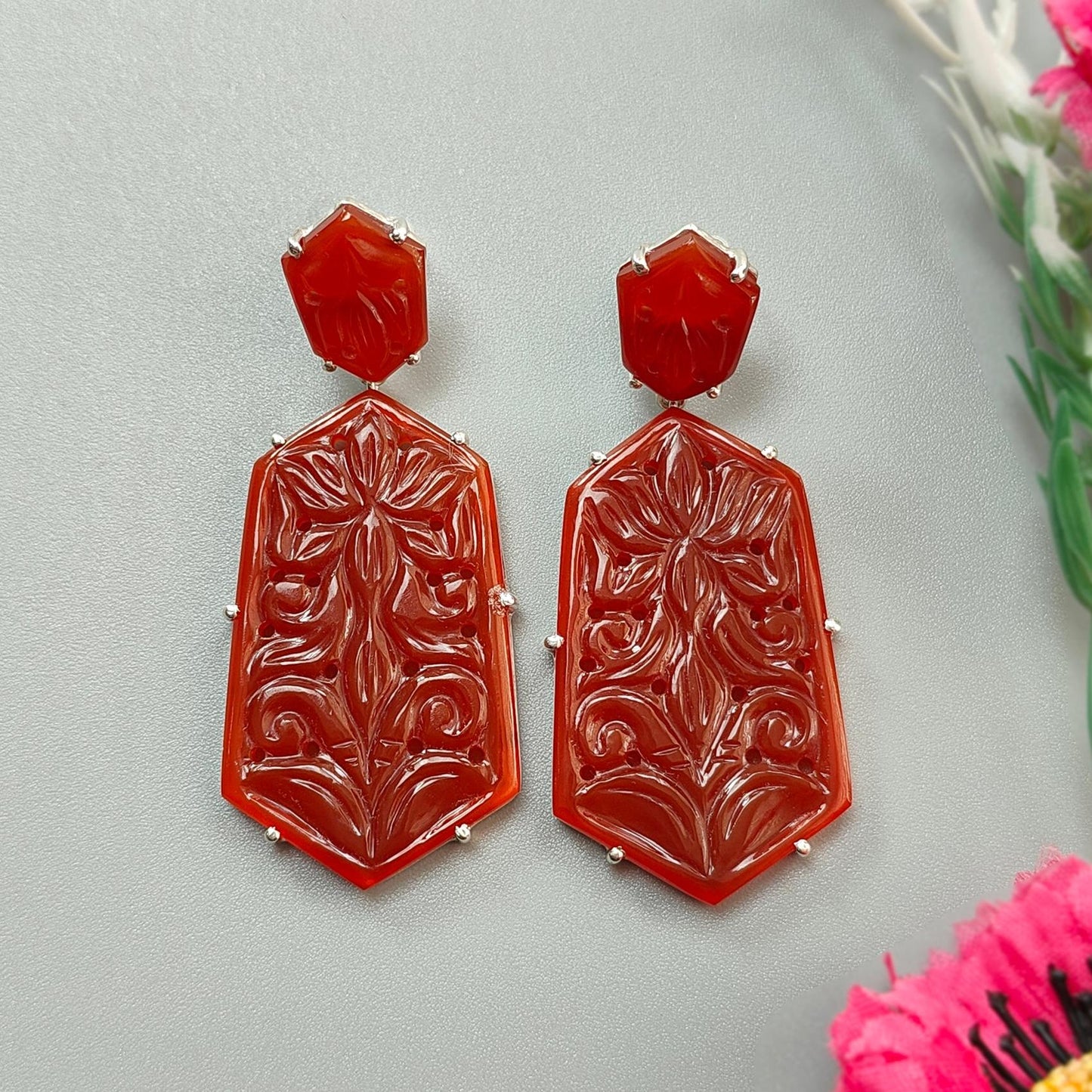 Orange Onyx Carving Silver Earring: 14.93gms Natural Onyx Hand Carved Fancy Shape 925 Sterling Silver Prong Set Push Back Stud Earring 2.30"