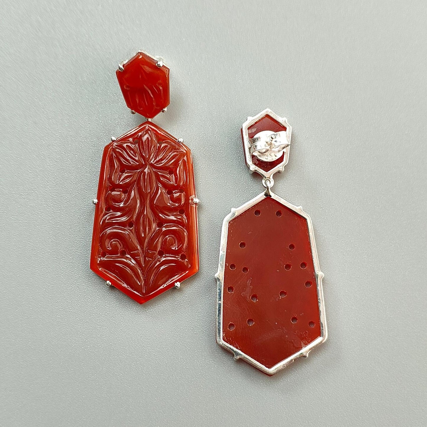 Orange Onyx Carving Silver Earring: 14.93gms Natural Onyx Hand Carved Fancy Shape 925 Sterling Silver Prong Set Push Back Stud Earring 2.30"