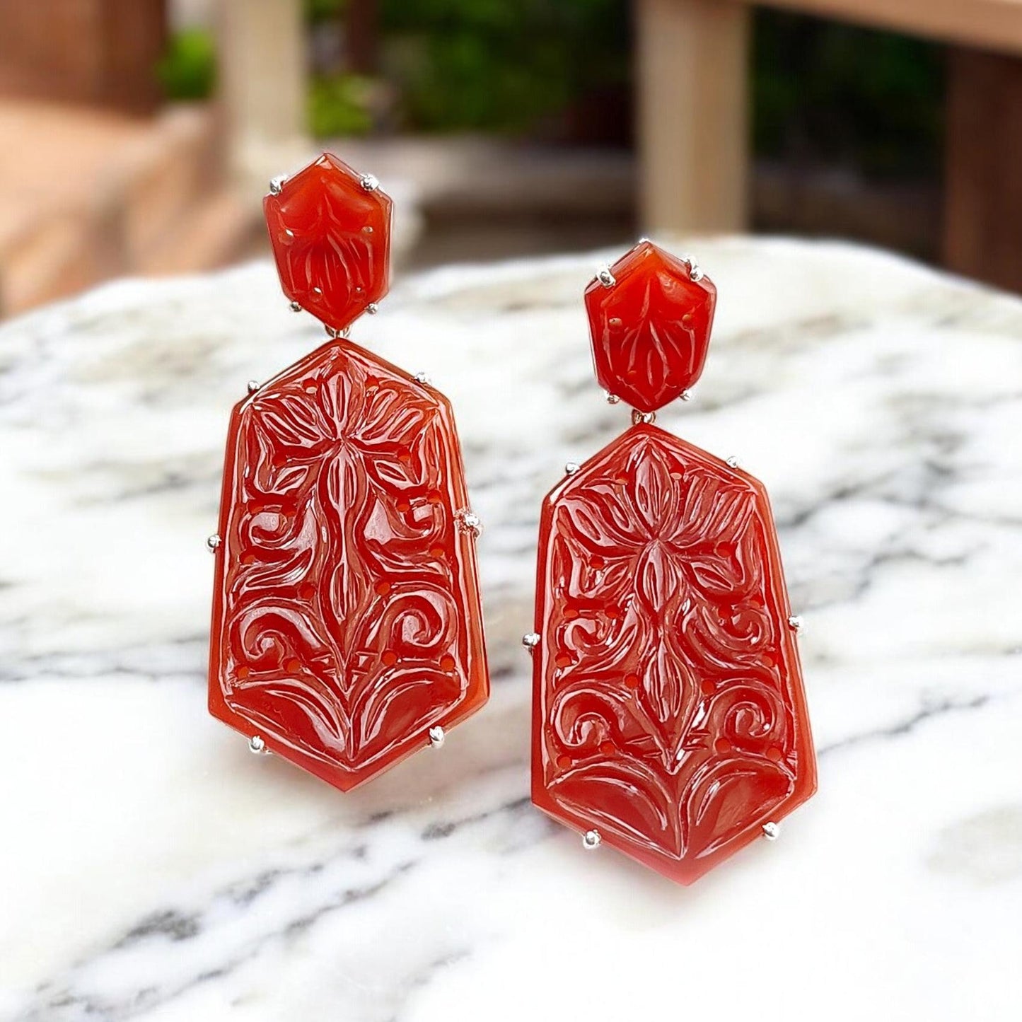 Orange Onyx Carving Silver Earring: 14.93gms Natural Onyx Hand Carved Fancy Shape 925 Sterling Silver Prong Set Push Back Stud Earring 2.30"