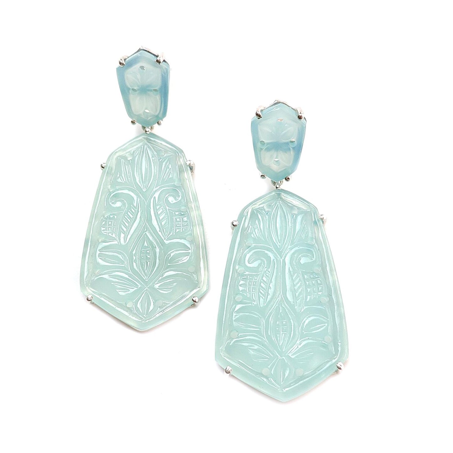 Blue Onyx Carving Silver Earring: 15.89gms Natural Onyx Hand Carved Fancy Shape 925 Sterling Silver Prong Set Push Back Stud Earring 2.30"