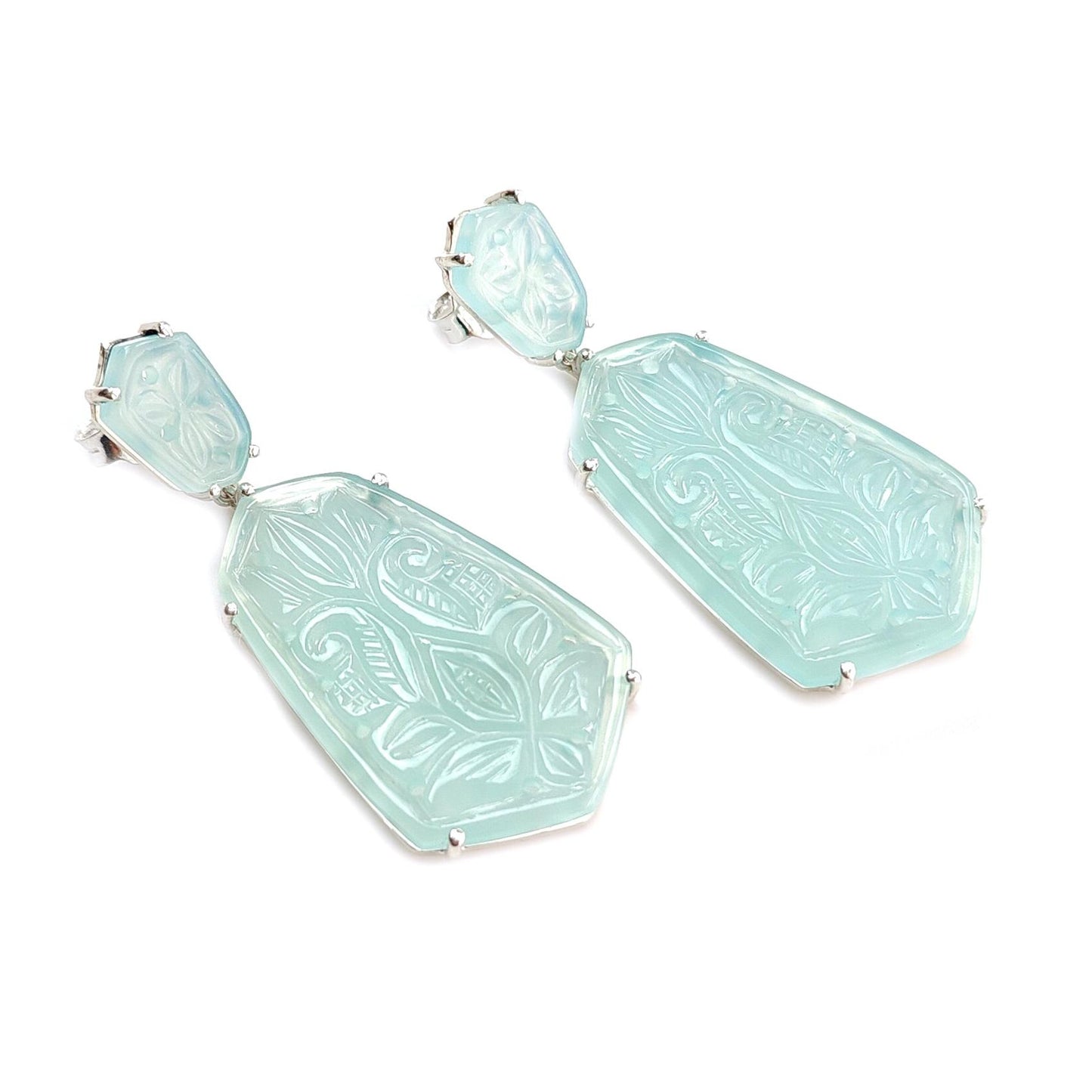 Blue Onyx Carving Silver Earring: 15.89gms Natural Onyx Hand Carved Fancy Shape 925 Sterling Silver Prong Set Push Back Stud Earring 2.30"