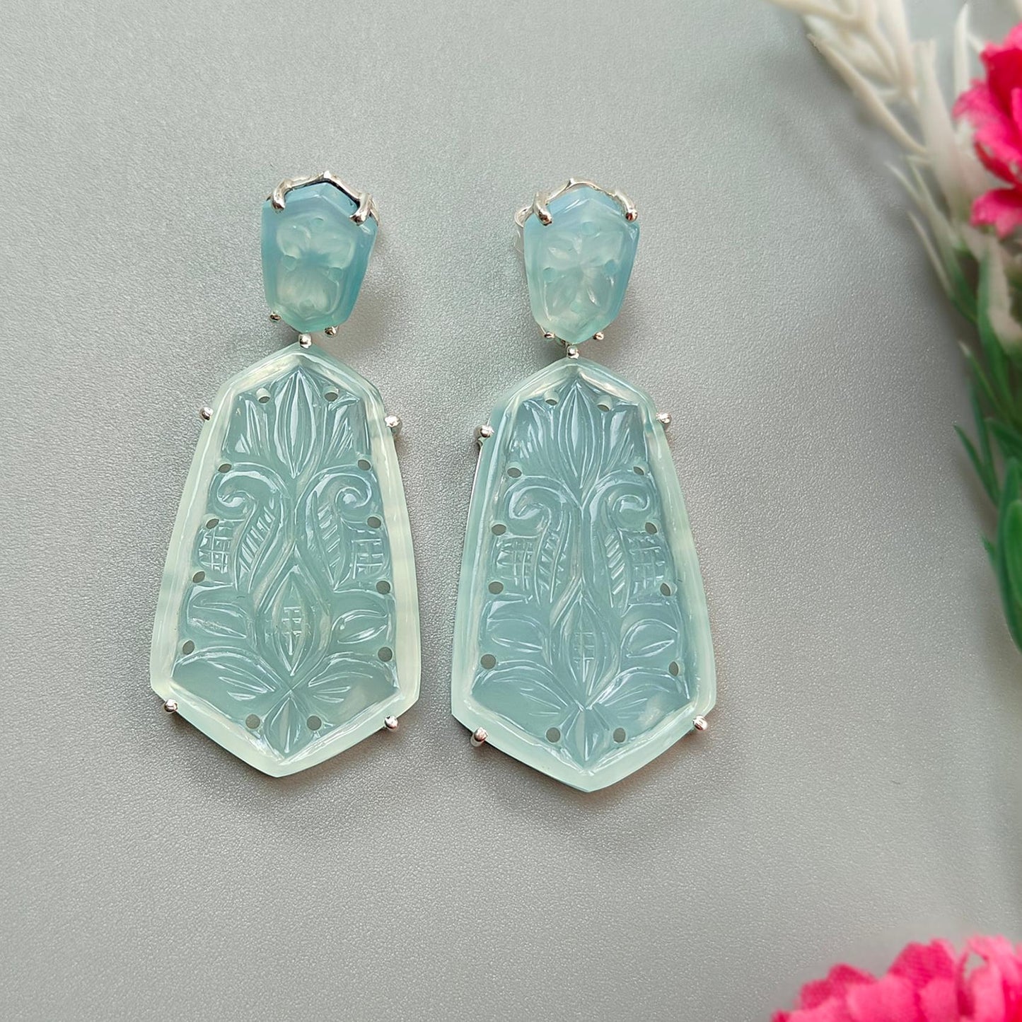 Blue Onyx Carving Silver Earring: 15.89gms Natural Onyx Hand Carved Fancy Shape 925 Sterling Silver Prong Set Push Back Stud Earring 2.30"