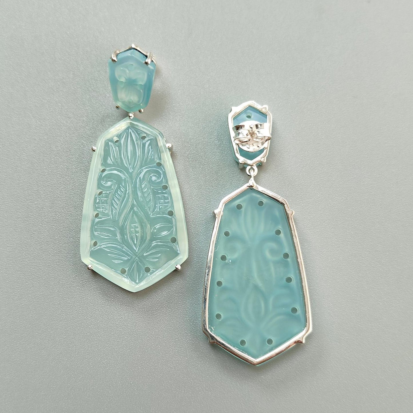 Blue Onyx Carving Silver Earring: 15.89gms Natural Onyx Hand Carved Fancy Shape 925 Sterling Silver Prong Set Push Back Stud Earring 2.30"