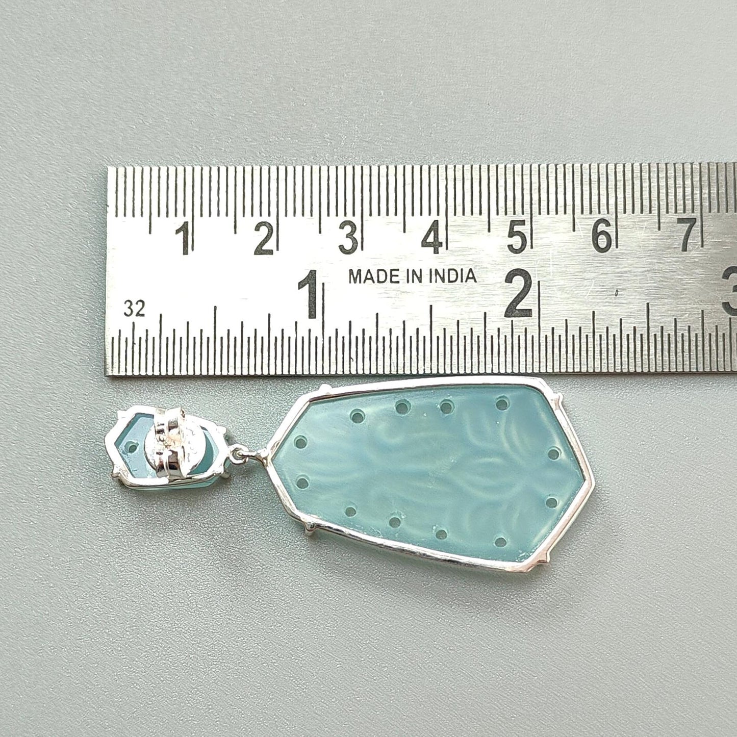 Blue Onyx Carving Silver Earring: 15.89gms Natural Onyx Hand Carved Fancy Shape 925 Sterling Silver Prong Set Push Back Stud Earring 2.30"