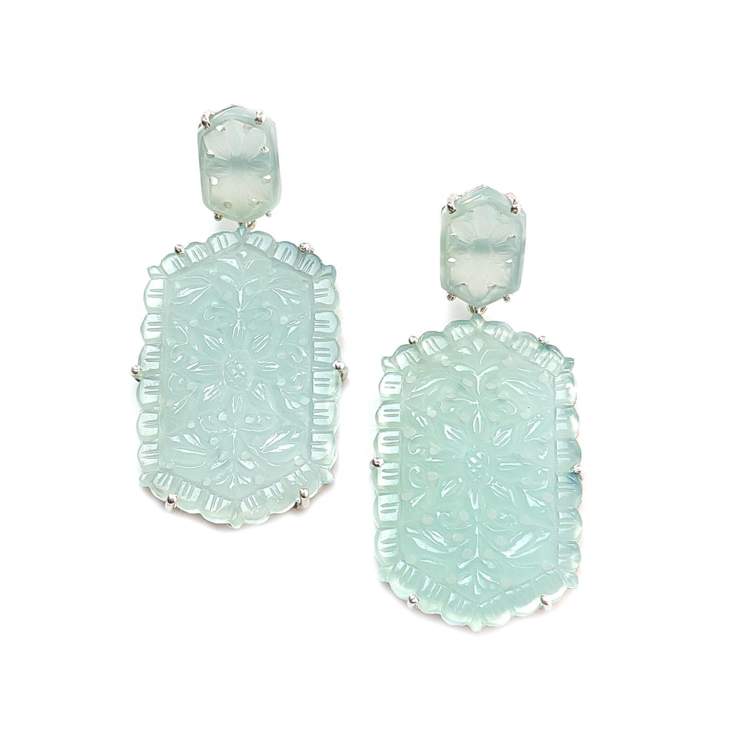 Blue Onyx Carving Silver Earring: 16.16gms Natural Onyx Hand Carved Hexagon Shape 925 Sterling Silver Prong Set Push Back Stud Earring 2.30"