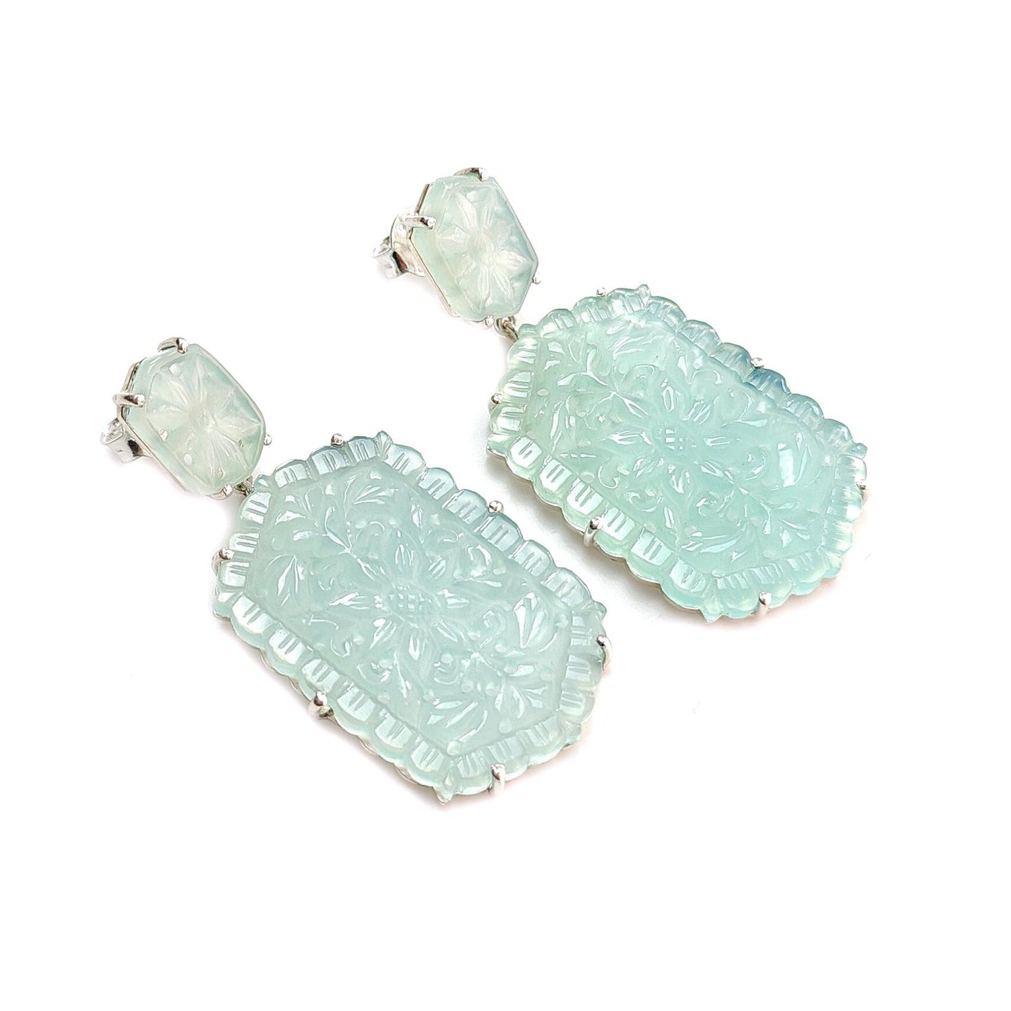 Blue Onyx Carving Silver Earring: 16.16gms Natural Onyx Hand Carved Hexagon Shape 925 Sterling Silver Prong Set Push Back Stud Earring 2.30"