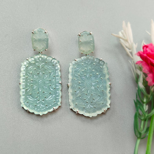 Blue Onyx Carving Silver Earring: 16.16gms Natural Onyx Hand Carved Hexagon Shape 925 Sterling Silver Prong Set Push Back Stud Earring 2.30"