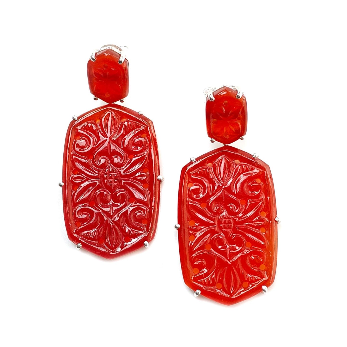 Orange Onyx Carving Silver Earring: 20.10gms Natural Onyx Hand Carved Hexagon 925 Sterling Silver Prong Set Push Back Stud Earring 2.30"