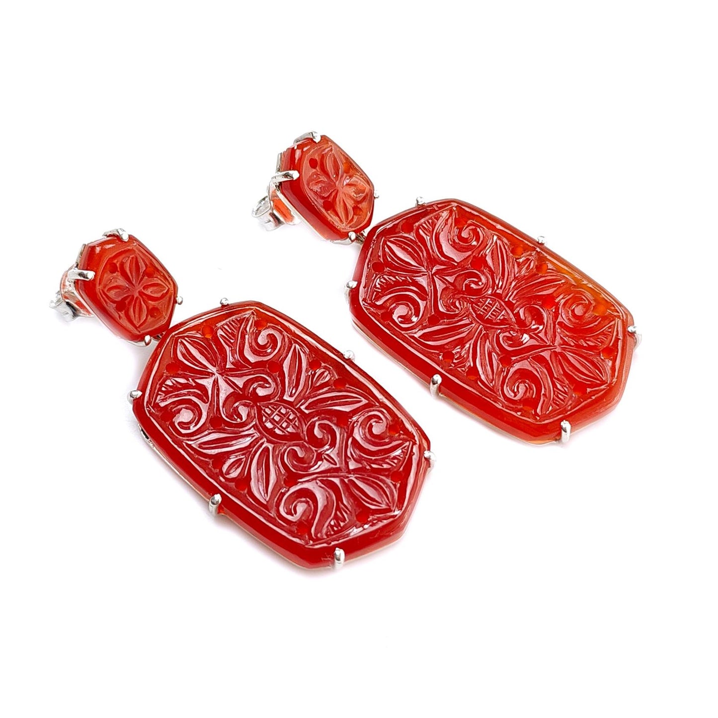 Orange Onyx Carving Silver Earring: 20.10gms Natural Onyx Hand Carved Hexagon 925 Sterling Silver Prong Set Push Back Stud Earring 2.30"