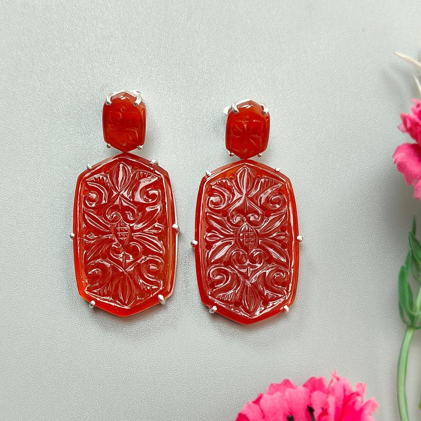 Orange Onyx Carving Silver Earring: 20.10gms Natural Onyx Hand Carved Hexagon 925 Sterling Silver Prong Set Push Back Stud Earring 2.30"