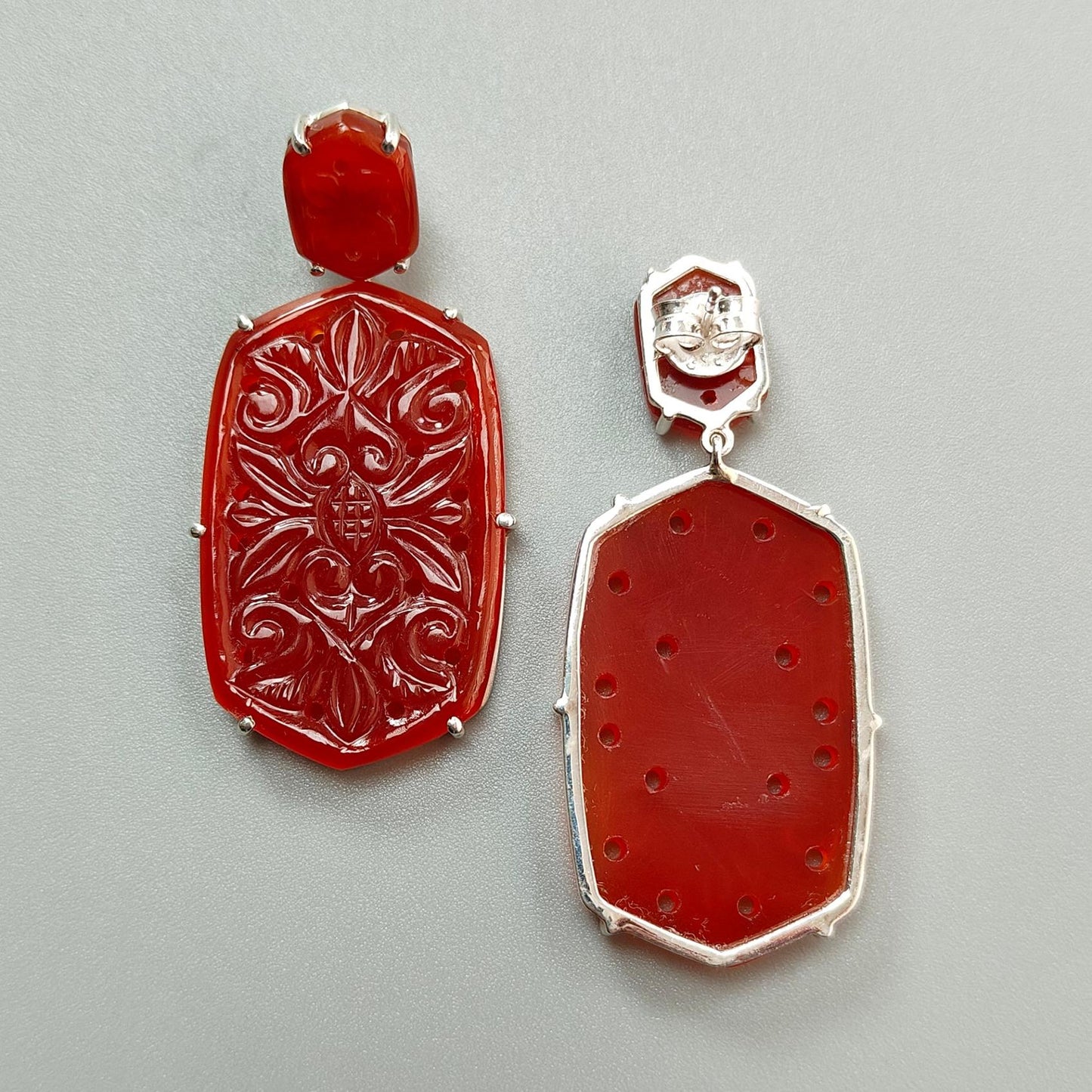 Orange Onyx Carving Silver Earring: 20.10gms Natural Onyx Hand Carved Hexagon 925 Sterling Silver Prong Set Push Back Stud Earring 2.30"