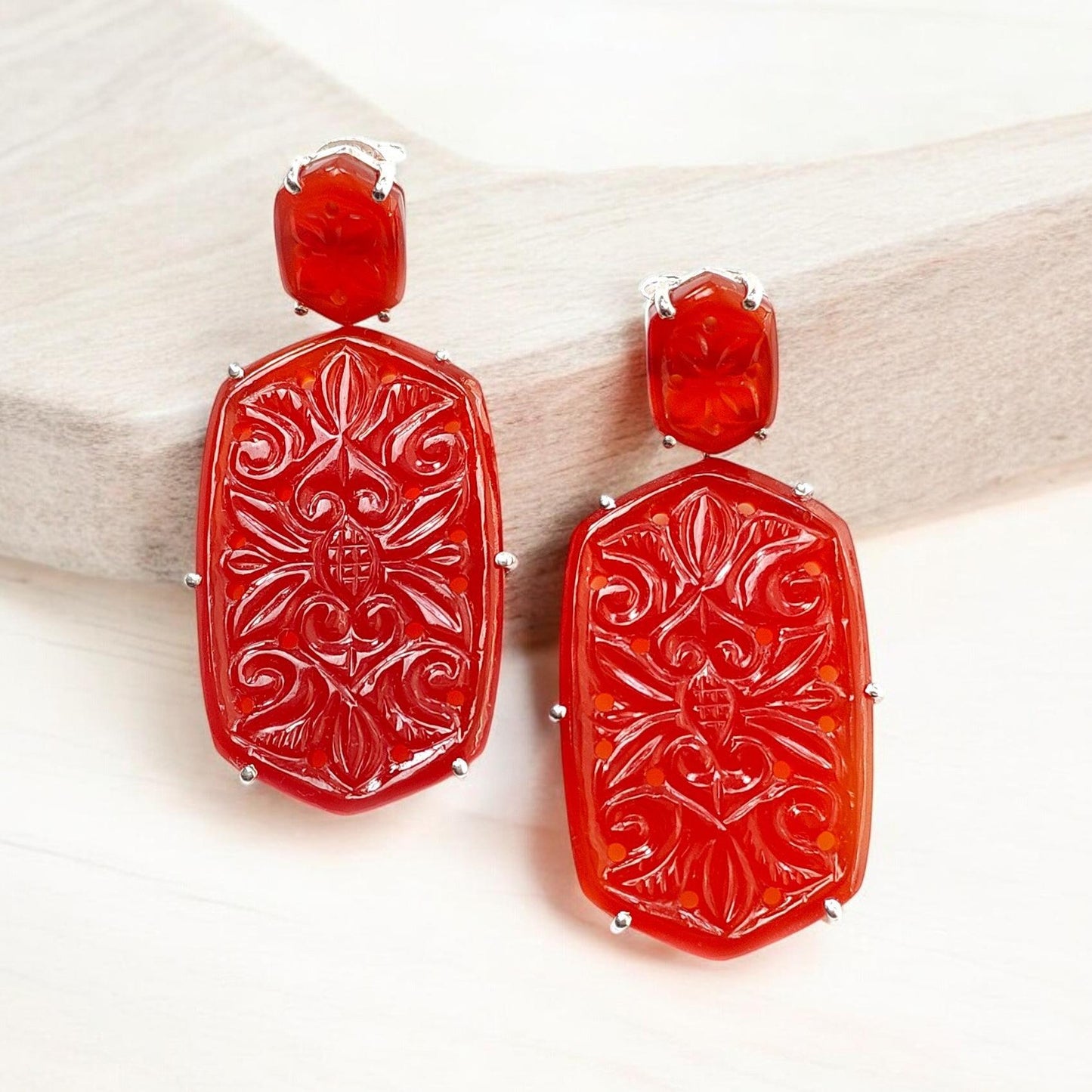 Orange Onyx Carving Silver Earring: 20.10gms Natural Onyx Hand Carved Hexagon 925 Sterling Silver Prong Set Push Back Stud Earring 2.30"