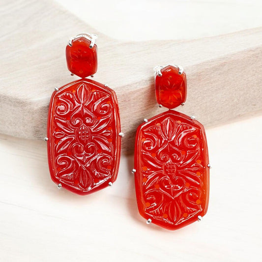 Orange Onyx Carving Silver Earring: 20.10gms Natural Onyx Hand Carved Hexagon 925 Sterling Silver Prong Set Push Back Stud Earring 2.30"