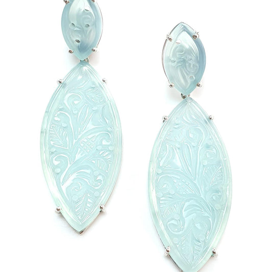 Blue Onyx Carving Silver Earring: 15.91gms Natural Onyx Gemstone Marquise Shape Hand Carved 925 Sterling Silver Prong Set Stud Push Back Earring 2.50"