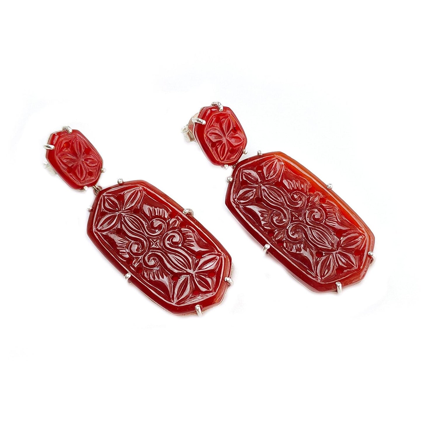 Orange Onyx Carving Silver Earring: 14.52gms Natural Onyx Hand Carved Hexagon 925 Sterling Silver Prong Set Push Back Stud Earring 2"