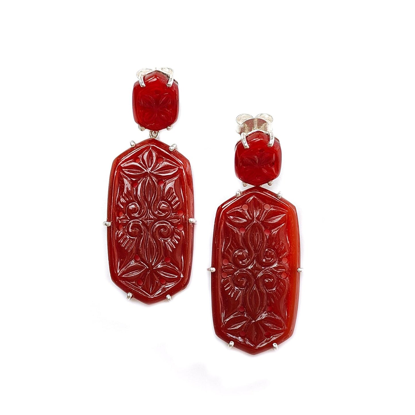 Orange Onyx Carving Silver Earring: 14.52gms Natural Onyx Hand Carved Hexagon 925 Sterling Silver Prong Set Push Back Stud Earring 2"