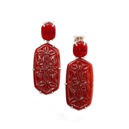 Orange Onyx Carving Silver Earring: 14.52gms Natural Onyx Hand Carved Hexagon 925 Sterling Silver Prong Set Push Back Stud Earring 2"