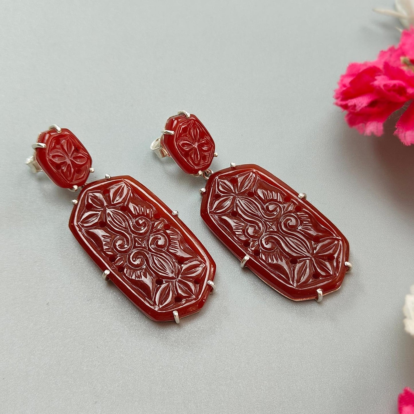 Orange Onyx Carving Silver Earring: 14.52gms Natural Onyx Hand Carved Hexagon 925 Sterling Silver Prong Set Push Back Stud Earring 2"