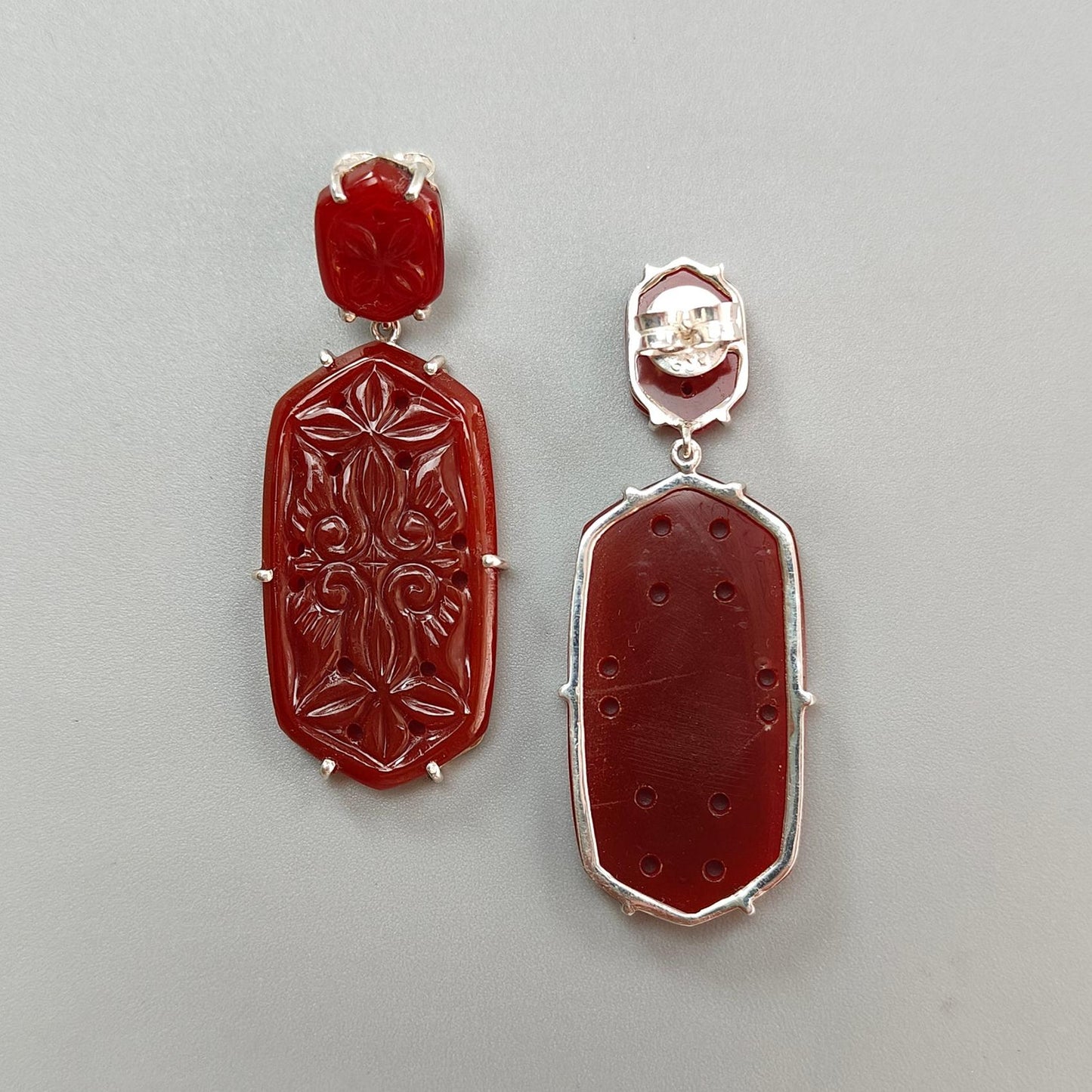 Orange Onyx Carving Silver Earring: 14.52gms Natural Onyx Hand Carved Hexagon 925 Sterling Silver Prong Set Push Back Stud Earring 2"