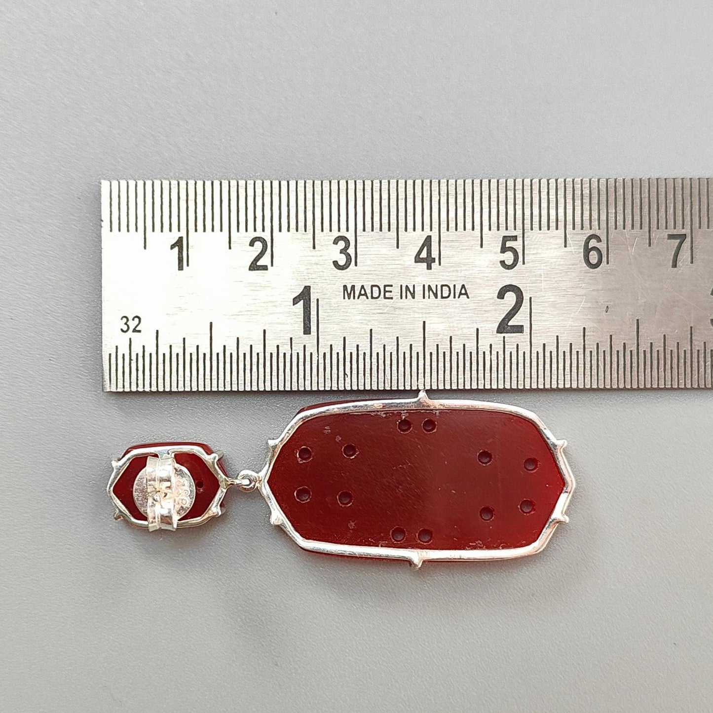 Orange Onyx Carving Silver Earring: 14.52gms Natural Onyx Hand Carved Hexagon 925 Sterling Silver Prong Set Push Back Stud Earring 2"