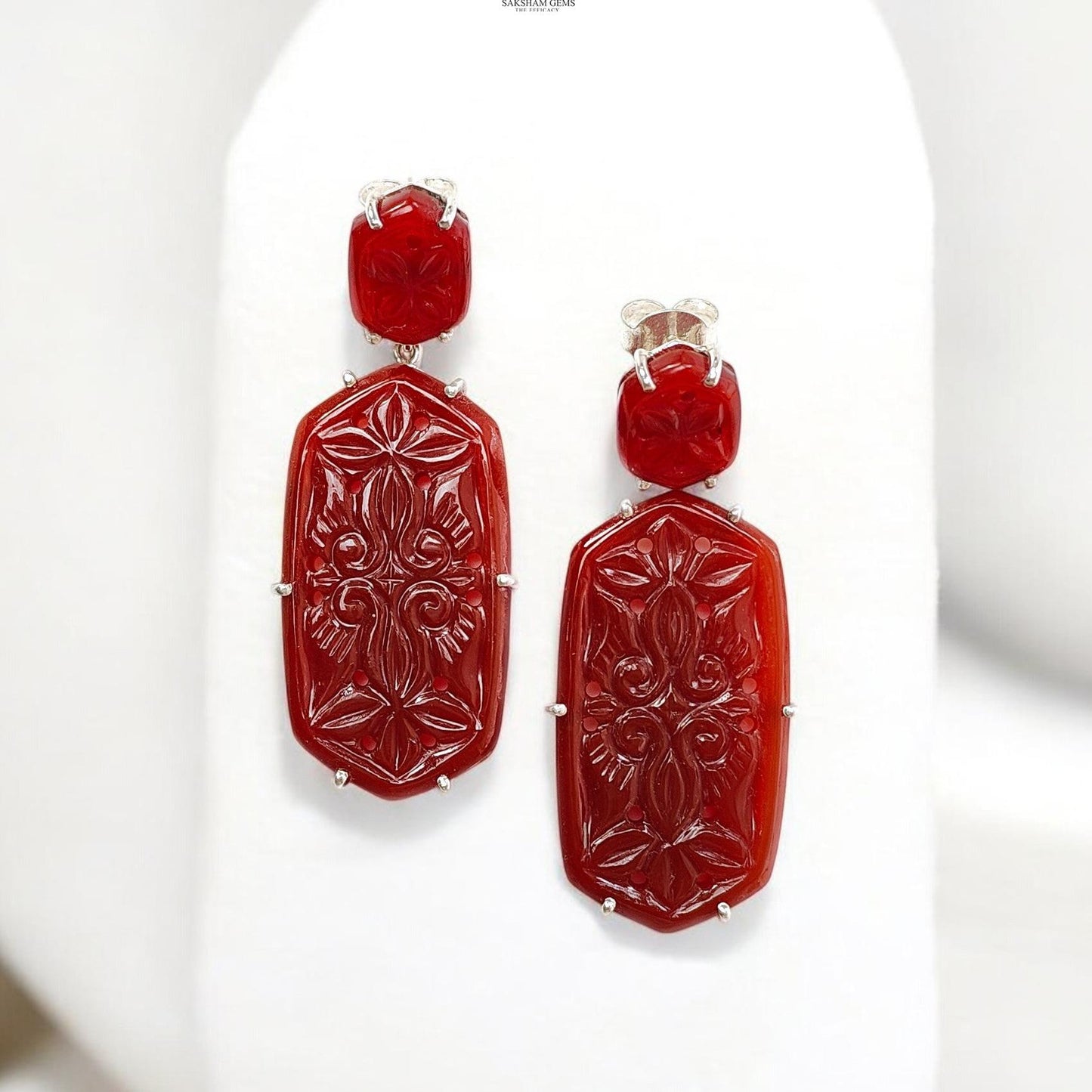 Orange Onyx Carving Silver Earring: 14.52gms Natural Onyx Hand Carved Hexagon 925 Sterling Silver Prong Set Push Back Stud Earring 2"