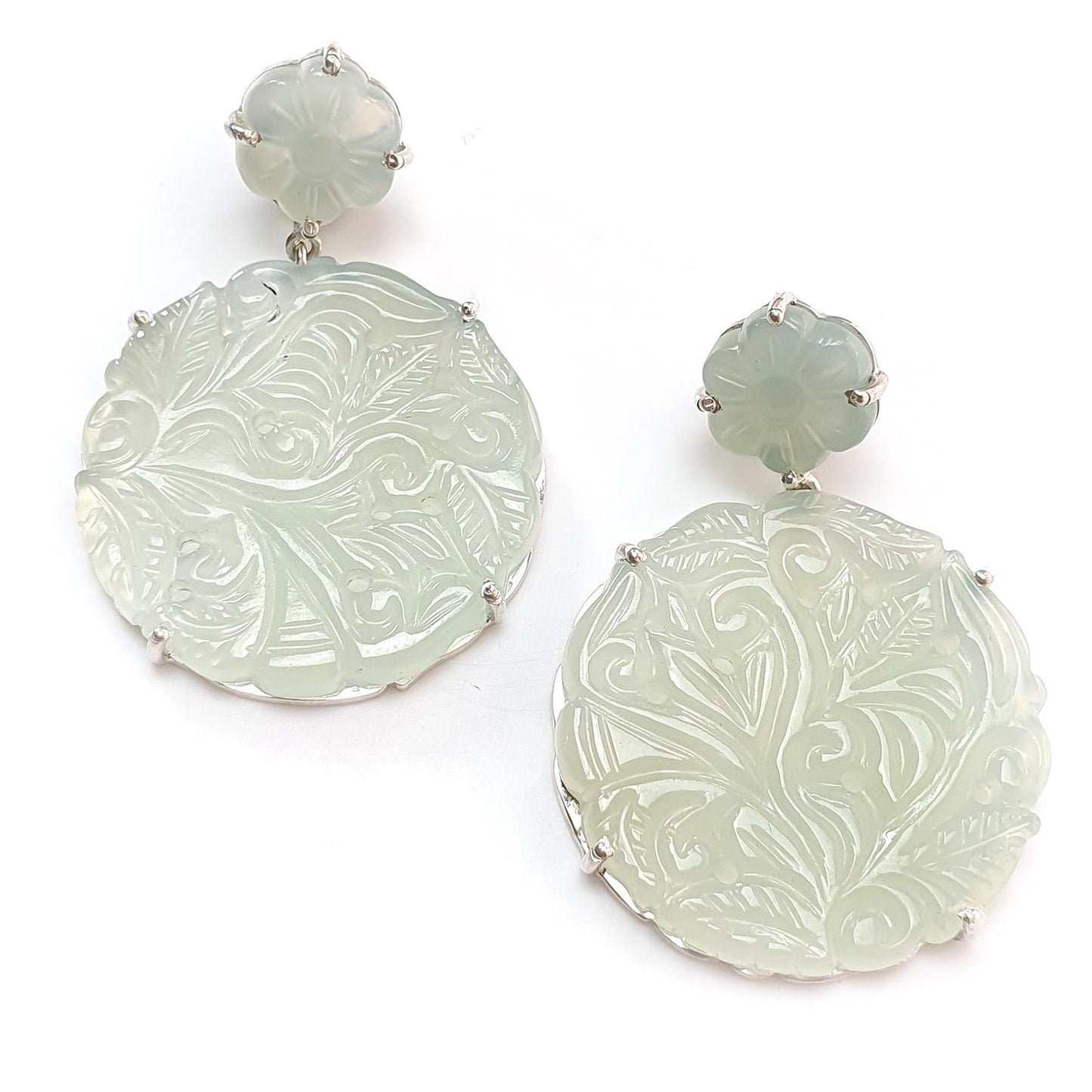 Milky Onyx Carving Silver Earring: 16.04gms Natural Onyx Gemstone Round Shape Hand Carved 925 Sterling Silver Prong Set Stud Push Back Earring 2.00"