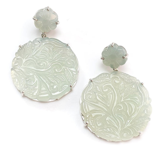 Milky Onyx Carving Silver Earring: 16.04gms Natural Onyx Gemstone Round Shape Hand Carved 925 Sterling Silver Prong Set Stud Push Back Earring 2.00"