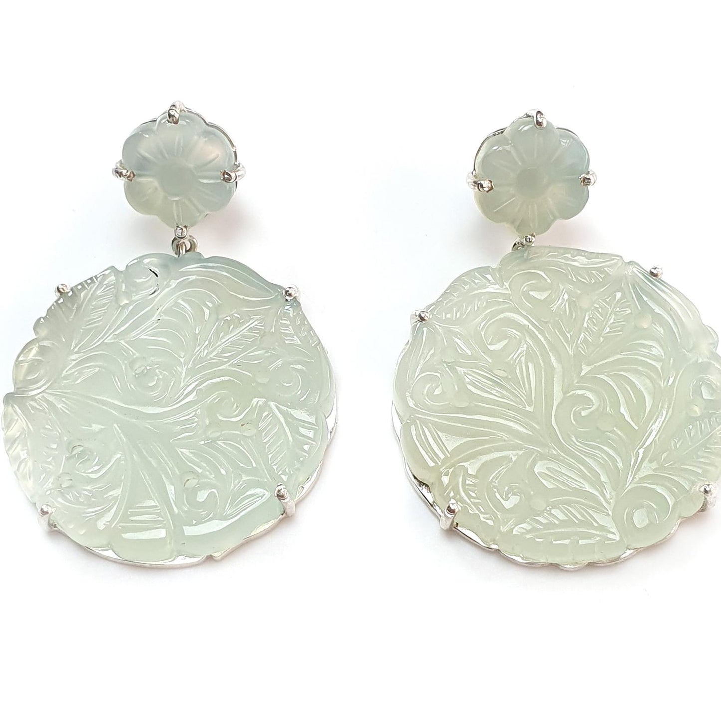 Milky Onyx Carving Silver Earring: 16.04gms Natural Onyx Gemstone Round Shape Hand Carved 925 Sterling Silver Prong Set Stud Push Back Earring 2.00"