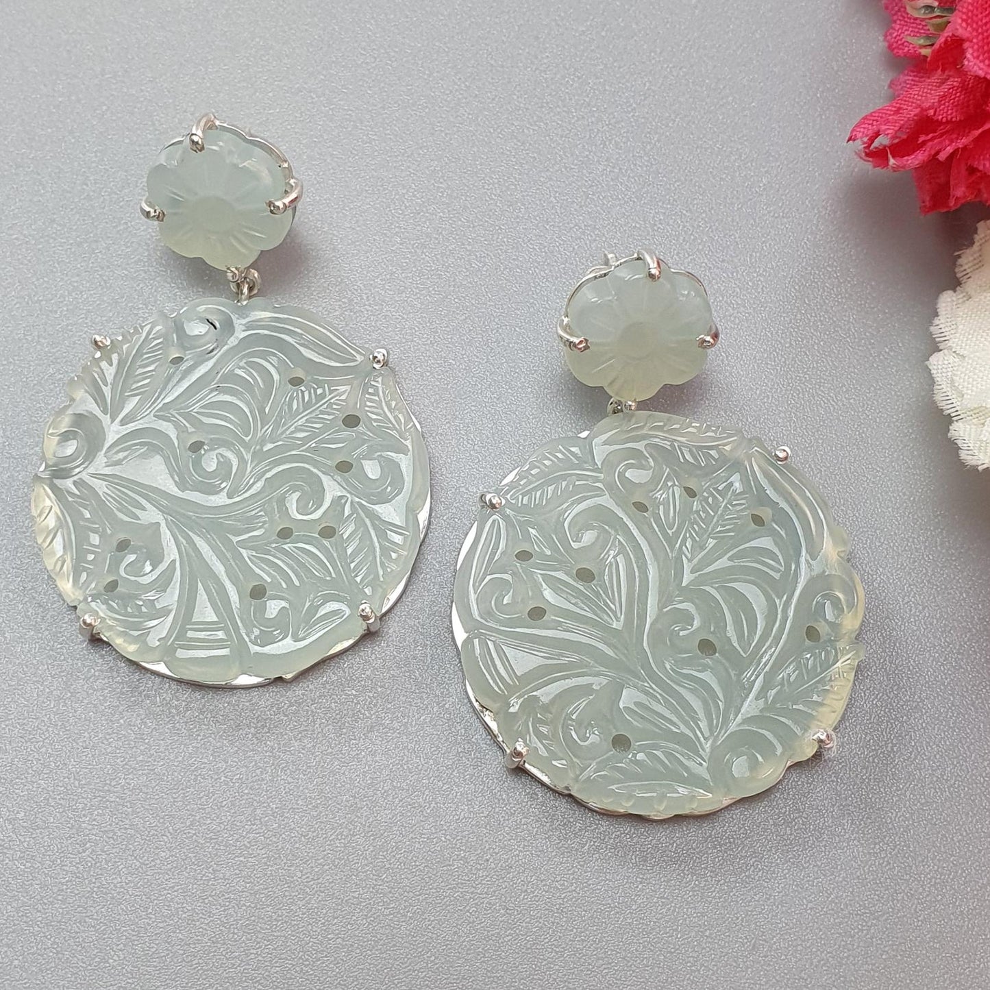 Milky Onyx Carving Silver Earring: 16.04gms Natural Onyx Gemstone Round Shape Hand Carved 925 Sterling Silver Prong Set Stud Push Back Earring 2.00"