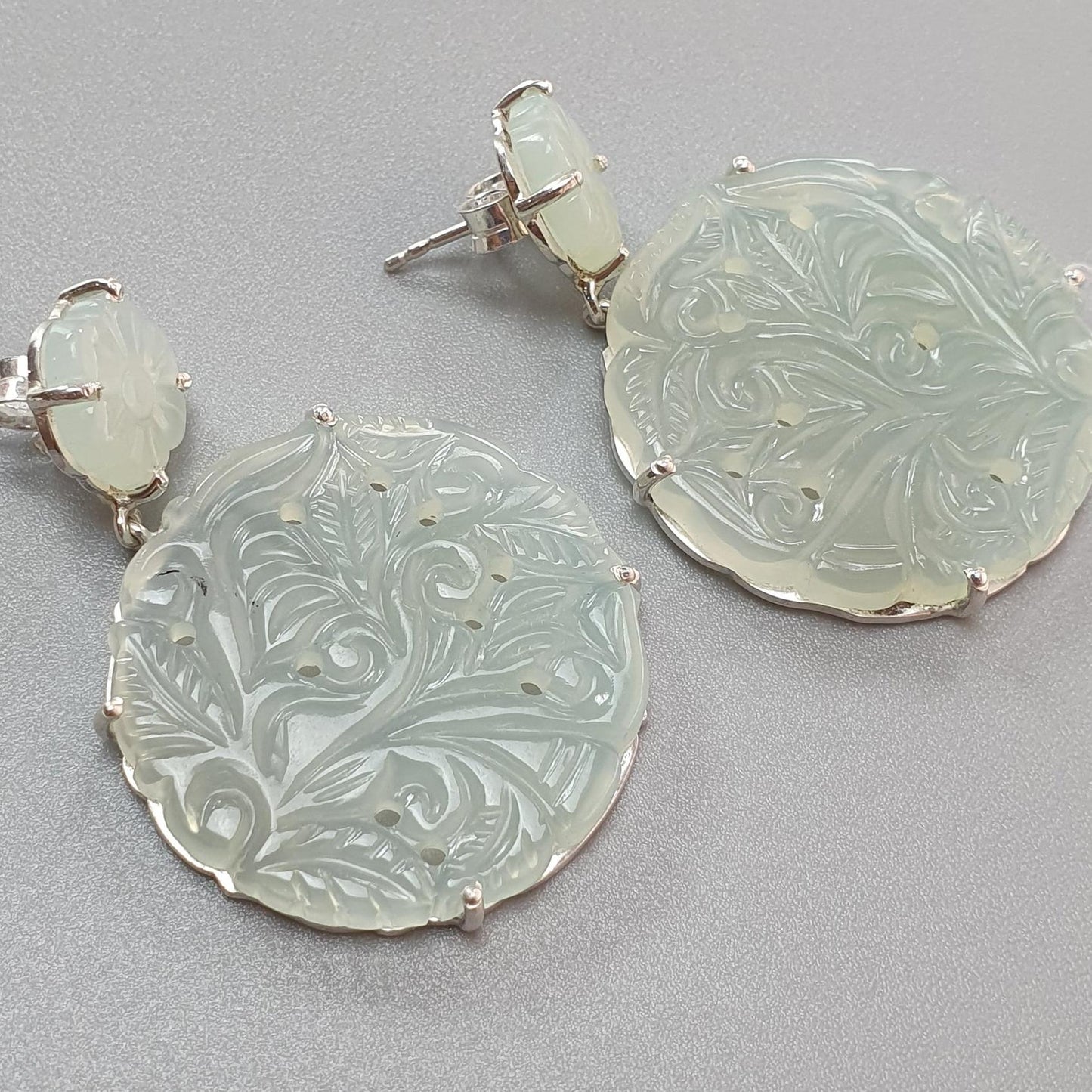 Milky Onyx Carving Silver Earring: 16.04gms Natural Onyx Gemstone Round Shape Hand Carved 925 Sterling Silver Prong Set Stud Push Back Earring 2.00"