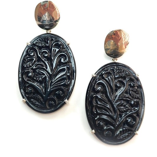 Black Onyx Carving Silver Earring: 16.36gms Natural Onyx Gemstone Oval Shape Hand Carved 925 Sterling Silver Prong Set Stud Push Back Earring 2.00"