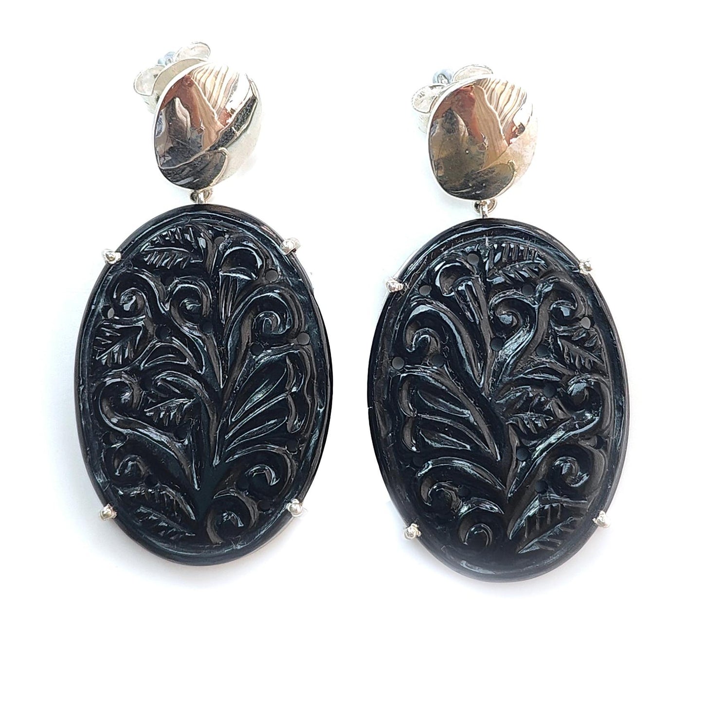 Black Onyx Carving Silver Earring: 16.36gms Natural Onyx Gemstone Oval Shape Hand Carved 925 Sterling Silver Prong Set Stud Push Back Earring 2.00"