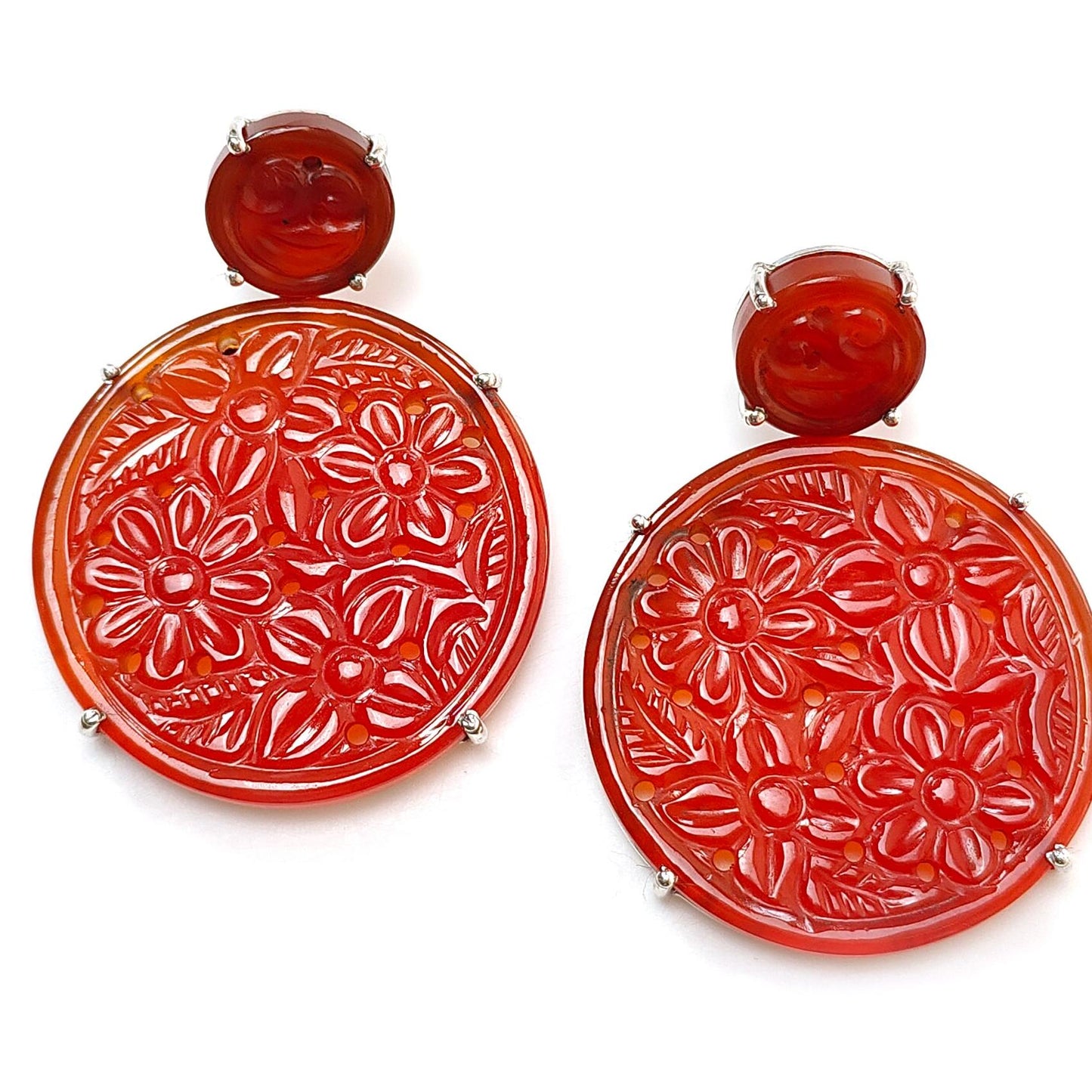 Orange Onyx Carving Silver Earring: 18.12gms Natural Onyx Gemstone Round Shape Hand Carved 925 Sterling Silver Prong Set Stud Push Back Earring 2.00"