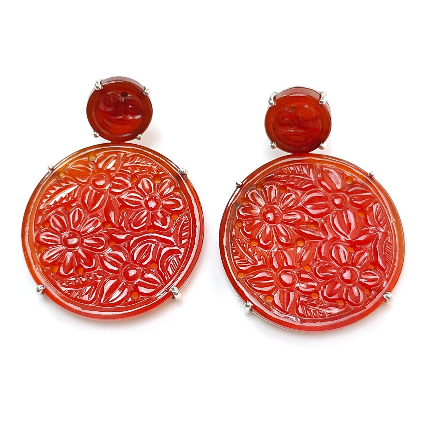 Orange Onyx Carving Silver Earring: 18.12gms Natural Onyx Gemstone Round Shape Hand Carved 925 Sterling Silver Prong Set Stud Push Back Earring 2.00"