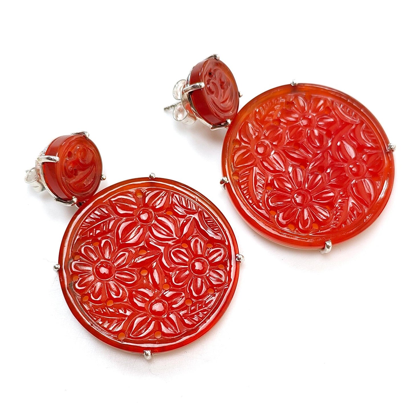 Orange Onyx Carving Silver Earring: 18.12gms Natural Onyx Gemstone Round Shape Hand Carved 925 Sterling Silver Prong Set Stud Push Back Earring 2.00"