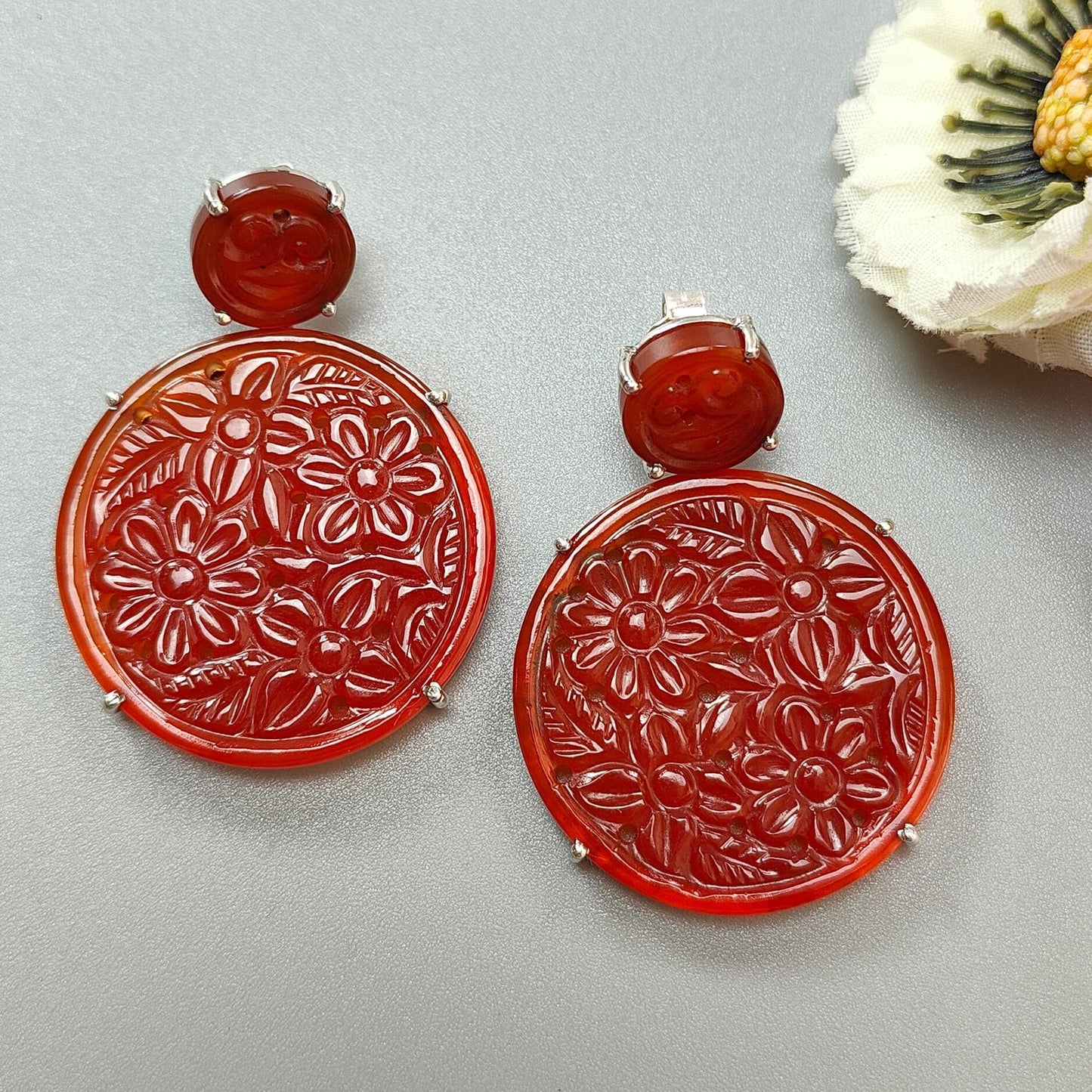 Orange Onyx Carving Silver Earring: 18.12gms Natural Onyx Gemstone Round Shape Hand Carved 925 Sterling Silver Prong Set Stud Push Back Earring 2.00"