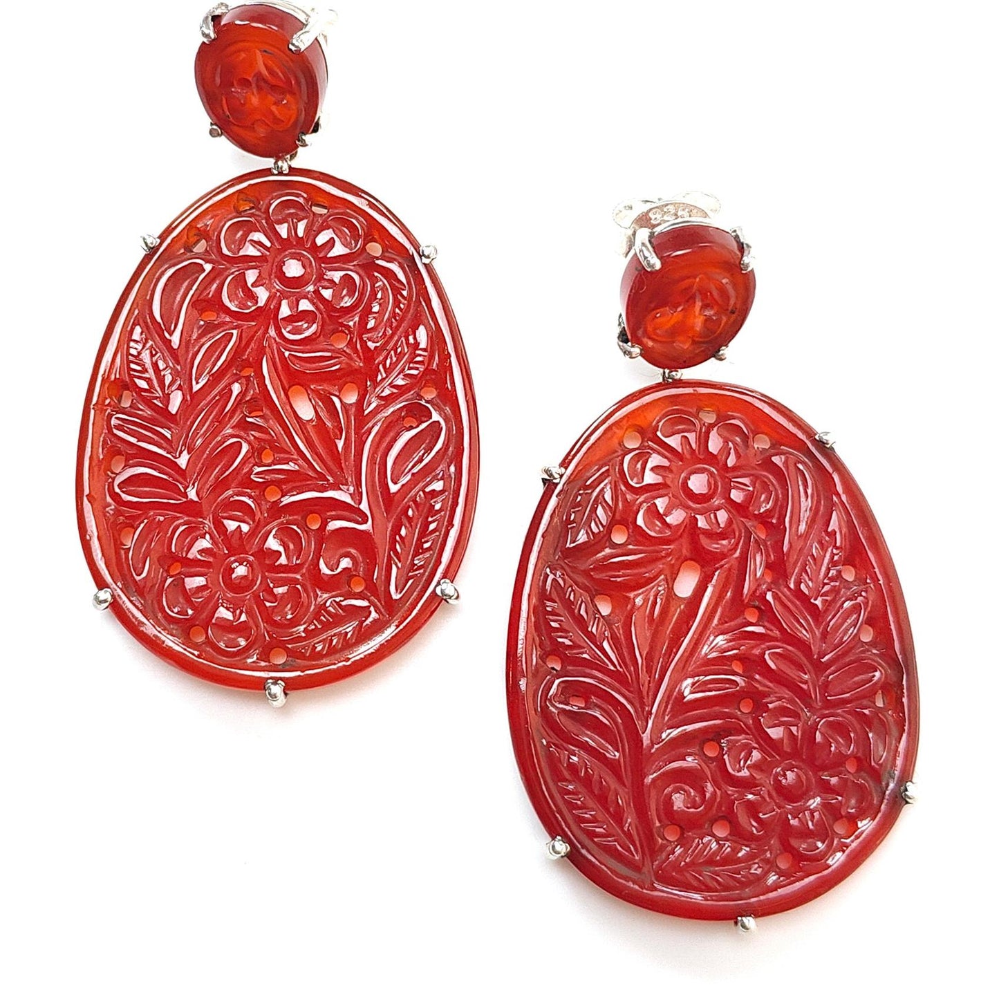 Orange Onyx Carving Silver Earring: 19.69gms Natural Onyx Gemstone Oval Shape Hand Carved 925 Sterling Silver Prong Set Stud Push Back Earring 2.00"