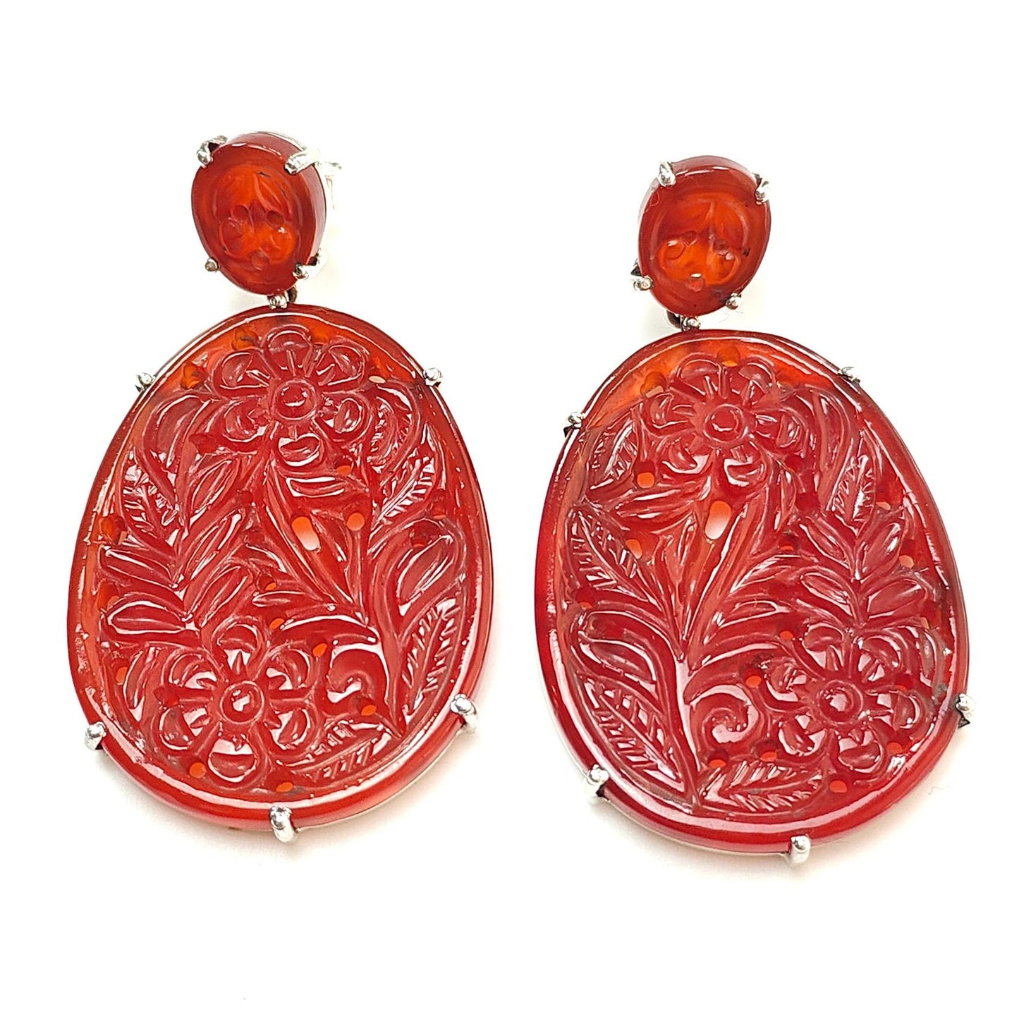 Orange Onyx Carving Silver Earring: 19.69gms Natural Onyx Gemstone Oval Shape Hand Carved 925 Sterling Silver Prong Set Stud Push Back Earring 2.00"