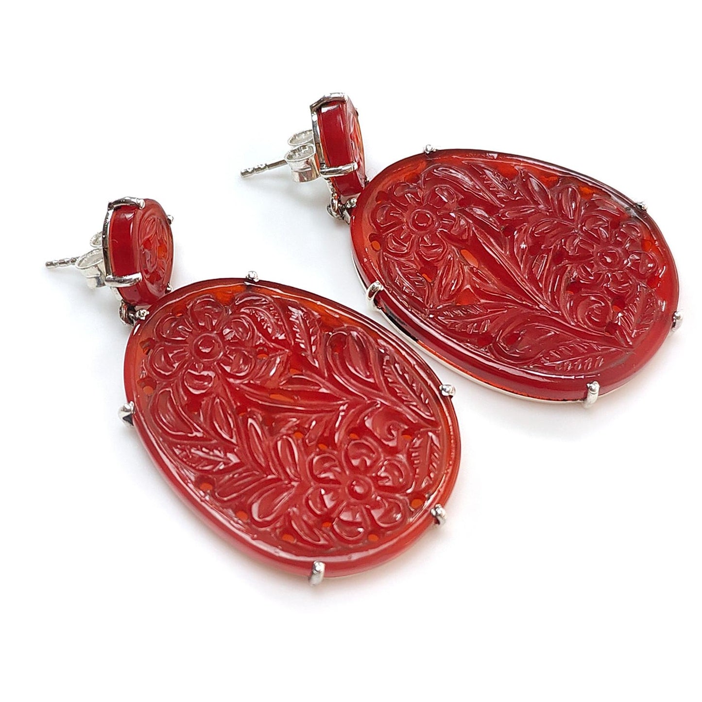 Orange Onyx Carving Silver Earring: 19.69gms Natural Onyx Gemstone Oval Shape Hand Carved 925 Sterling Silver Prong Set Stud Push Back Earring 2.00"
