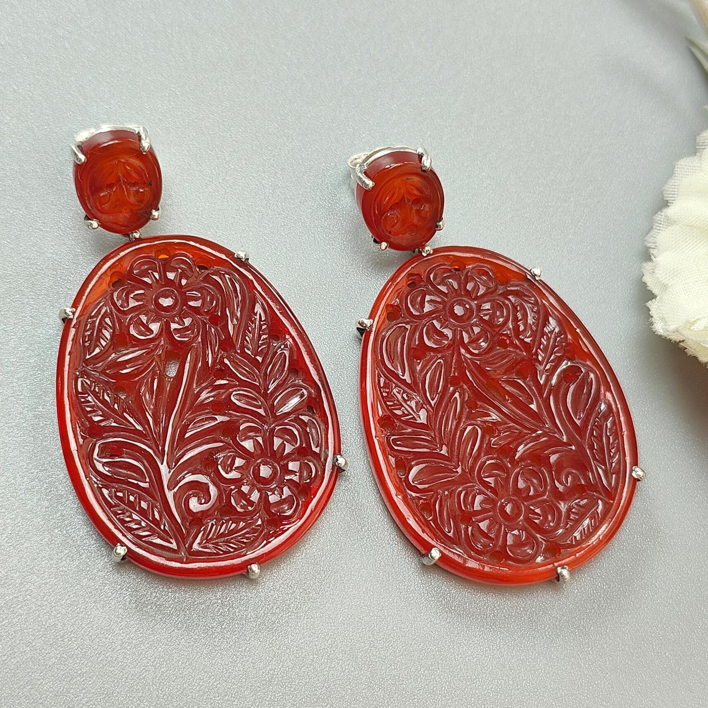 Orange Onyx Carving Silver Earring: 19.69gms Natural Onyx Gemstone Oval Shape Hand Carved 925 Sterling Silver Prong Set Stud Push Back Earring 2.00"