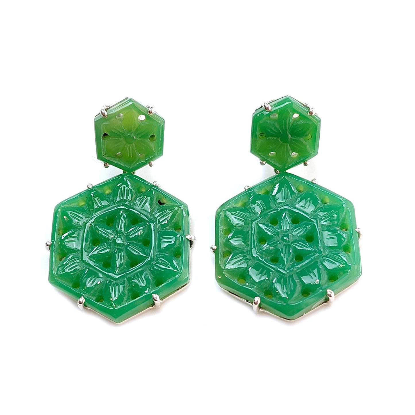 Green Onyx Carving Silver Earring: 11.64gms Natural Onyx Hand Carved Hexagon Shape 925 Sterling Silver Prong Set Push Back Stud Earring 1.5"
