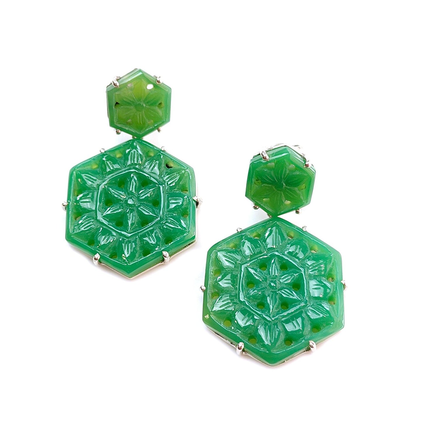 Green Onyx Carving Silver Earring: 11.64gms Natural Onyx Hand Carved Hexagon Shape 925 Sterling Silver Prong Set Push Back Stud Earring 1.5"